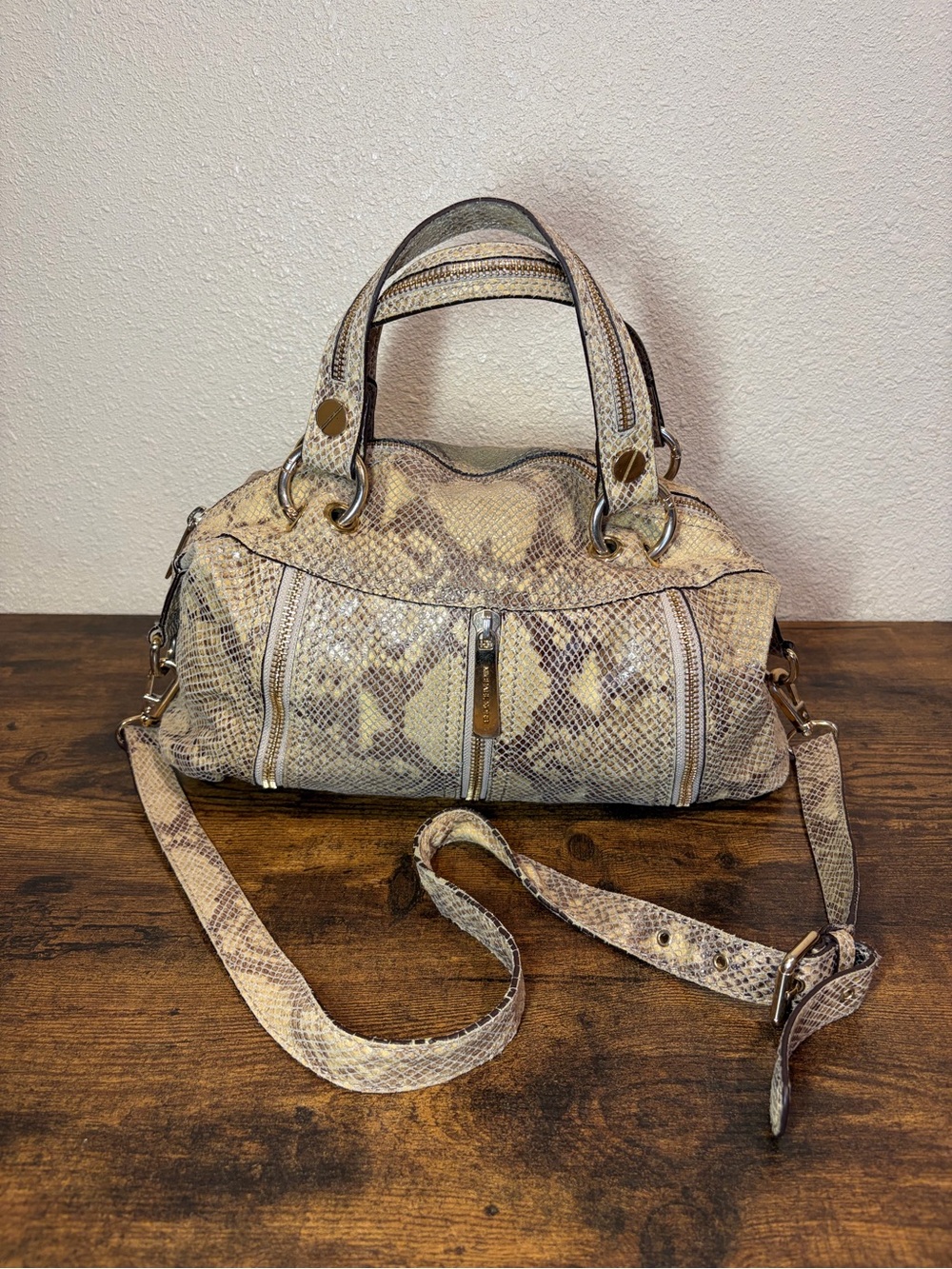 Michael Kors Neutral Snakeskin-Print Leather Crossbody Satchel